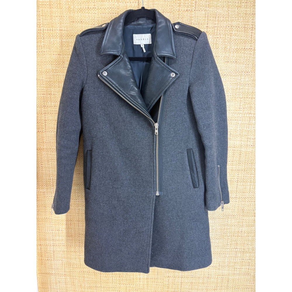 Sandro Wool Leather Trim Moto Coat Womens Grey Size 36 Small
